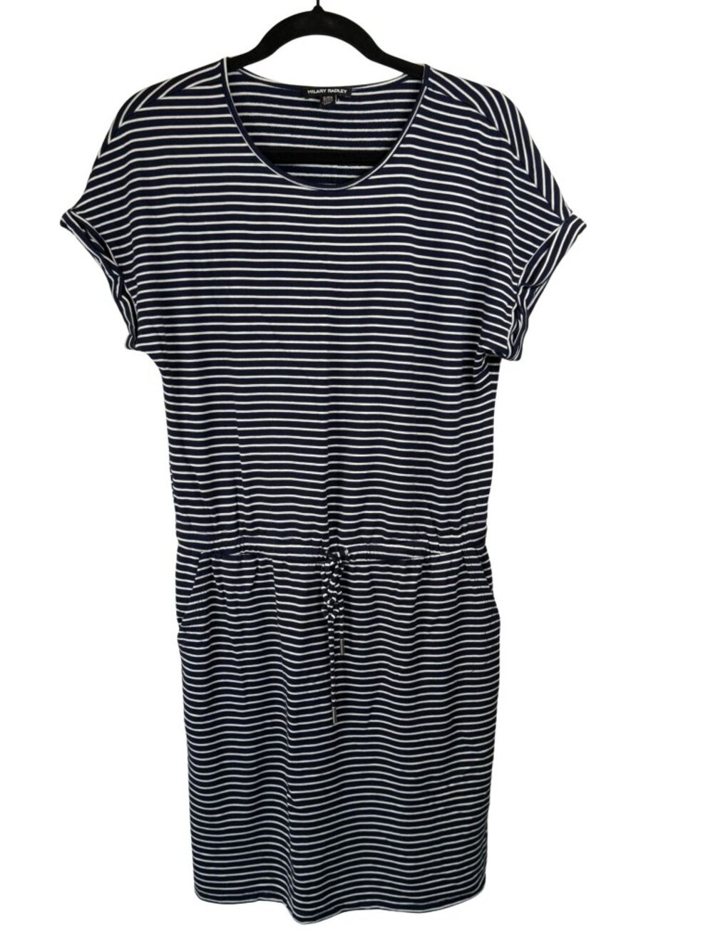 Hilary Radley Navy White Striped Drawstring T Shirt Dress Womens Small Pockets